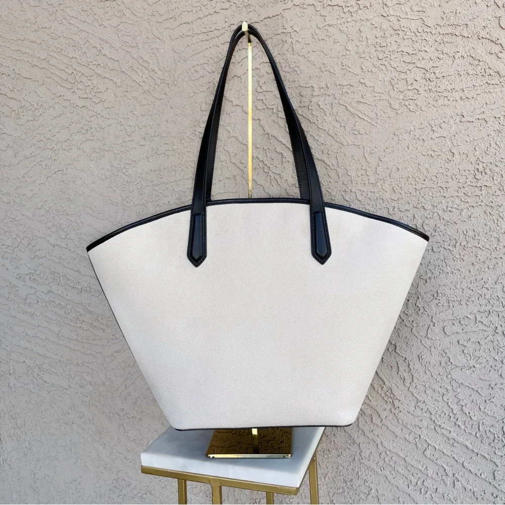 MICHAEL KORS Neutral Cream & Black Large Canvas Leather Kimber Logo Tote Bag
